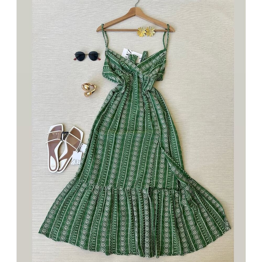 ZARA Green V-Neck Midi Dress NWT - Picture 14 of 16